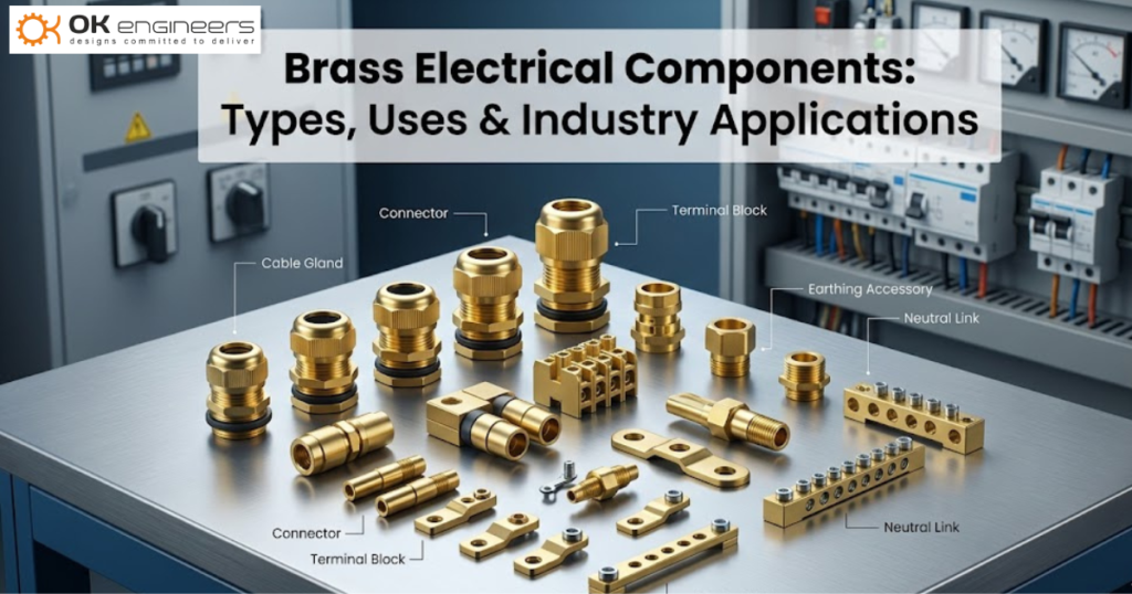 Brass electrical components including cable glands, connectors and terminals used in industrial electrical systems
