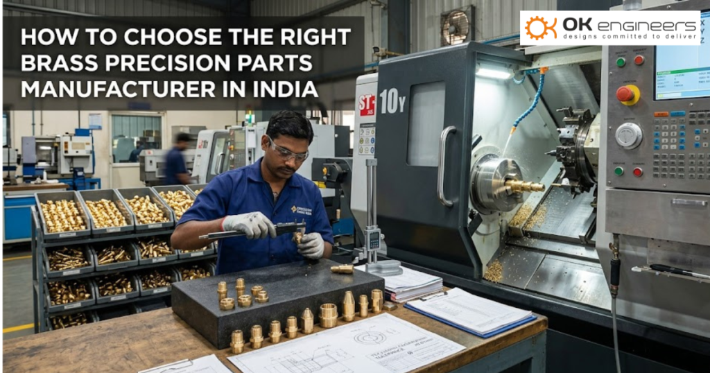 Brass precision parts manufacturing in India showing CNC machining, quality inspection, and finished brass components