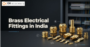 Brass electrical fittings in India displayed with cable glands, connectors, and terminals used in industrial electrical panels