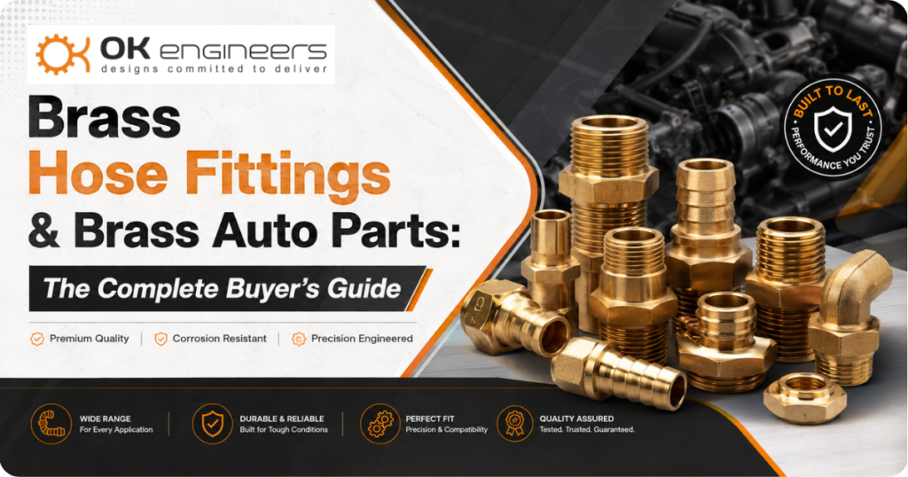 Premium brass hose fittings and brass auto parts displayed in a professional industrial banner design with high-precision engineering components.