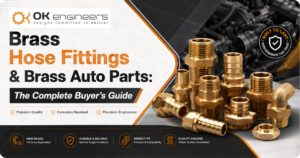 Premium brass hose fittings and brass auto parts displayed in a professional industrial banner design with high-precision engineering components.