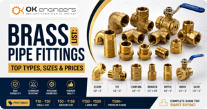 Brass pipe fittings list showing elbow, tee, coupling, reducer, nipple, union, and valve with sizes and price range chart