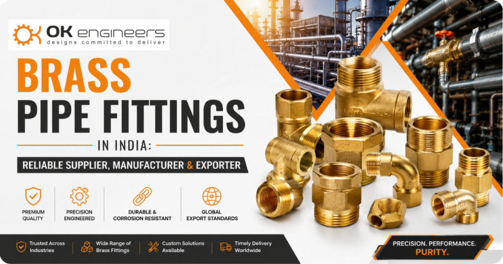 Brass pipe fittings in India featuring premium brass connectors, elbows, couplings, and threaded fittings for industrial plumbing and piping applications.