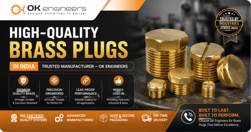 High-quality brass plugs in India by OK Engineers with precision threaded brass fittings for plumbing and industrial applications