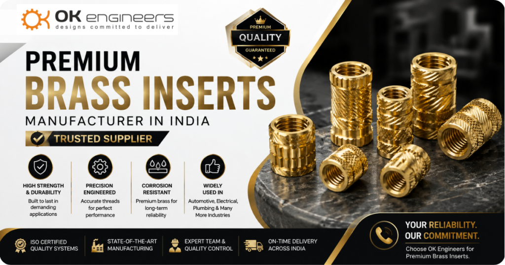 Premium brass inserts manufacturer in India showcasing precision-engineered threaded brass inserts by OK Engineers
