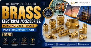 The Complete Guide to Brass Electrical Accessories: Manufacturer, Types and Industrial Applications (2026) feature image with premium brass components and industrial background, branded with OK Engineers.