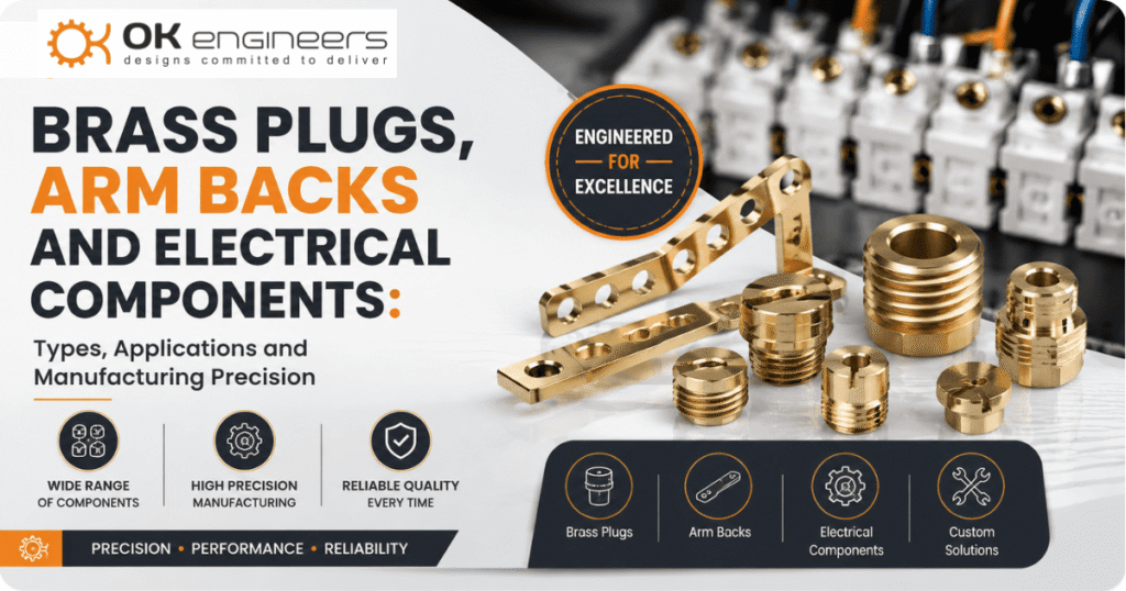 Premium brass plugs, arm backs, and electrical components manufactured with high precision, showcasing industrial-grade brass parts and engineering excellence by OK Engineers.