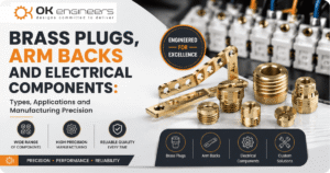 Premium brass plugs, arm backs, and electrical components manufactured with high precision, showcasing industrial-grade brass parts and engineering excellence by OK Engineers.