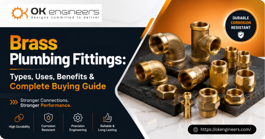 Brass plumbing fittings including elbows, tees, couplings, reducers, and threaded connectors showcased for industrial and residential piping applications.
