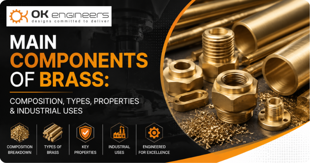 Main Components of Brass – Composition, Types, Properties and Industrial Uses with brass fittings, rods, pipes and machined components in an industrial manufacturing environment.
