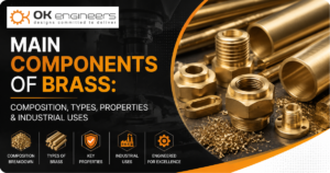 Main Components of Brass – Composition, Types, Properties and Industrial Uses with brass fittings, rods, pipes and machined components in an industrial manufacturing environment.