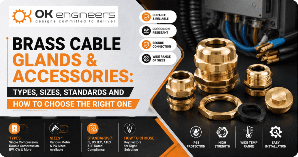 Brass cable glands and accessories displayed with industrial electrical cables, highlighting various gland types, sizes, standards, IP ratings, and selection guidelines by OK Engineers.