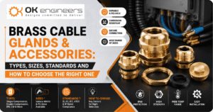 Brass cable glands and accessories displayed with industrial electrical cables, highlighting various gland types, sizes, standards, IP ratings, and selection guidelines by OK Engineers.