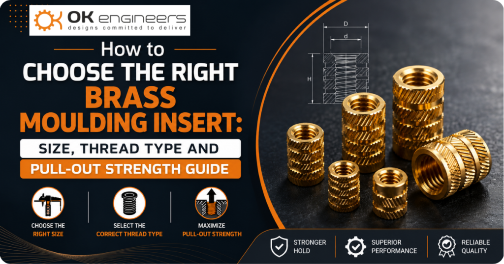 How to choose the right brass moulding insert by size, thread type, and pull-out strength guide with precision brass threaded inserts by OK Engineers.