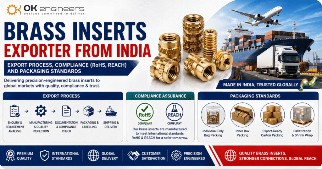 Brass inserts exporter from India infographic featuring OK Engineers, export process, RoHS and REACH compliance, international shipping, and export-ready packaging standards.