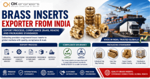 Brass inserts exporter from India infographic featuring OK Engineers, export process, RoHS and REACH compliance, international shipping, and export-ready packaging standards.