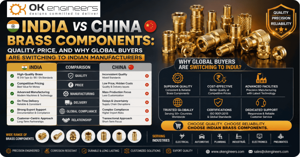 India vs China brass components comparison showing quality, price, manufacturing, delivery, compliance, and why global buyers are choosing Indian brass manufacturers.